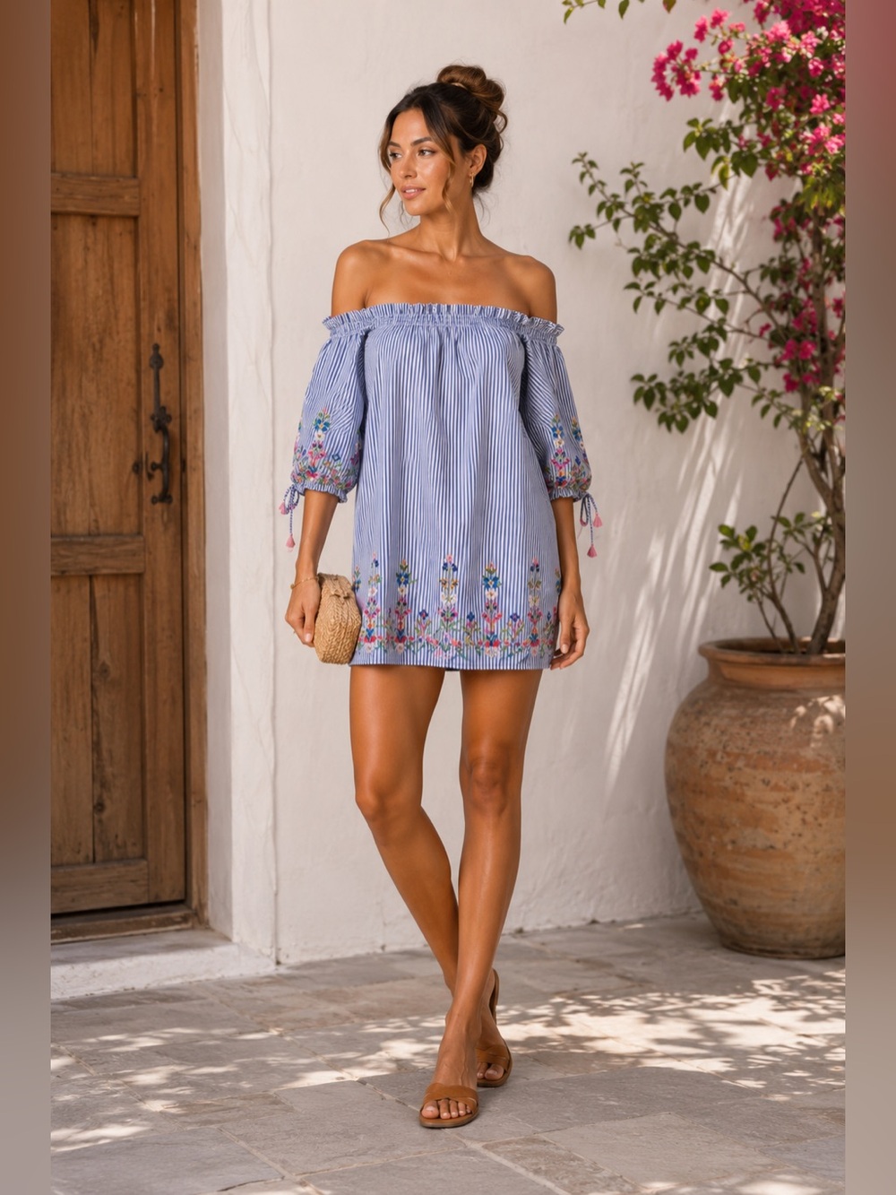 Ultra Pink Blue & White Striped Off-Shoulder Mini Dress with Floral Embroidery